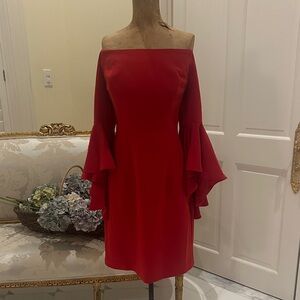 Red knit dress, bell/trumpet sleeves size 10